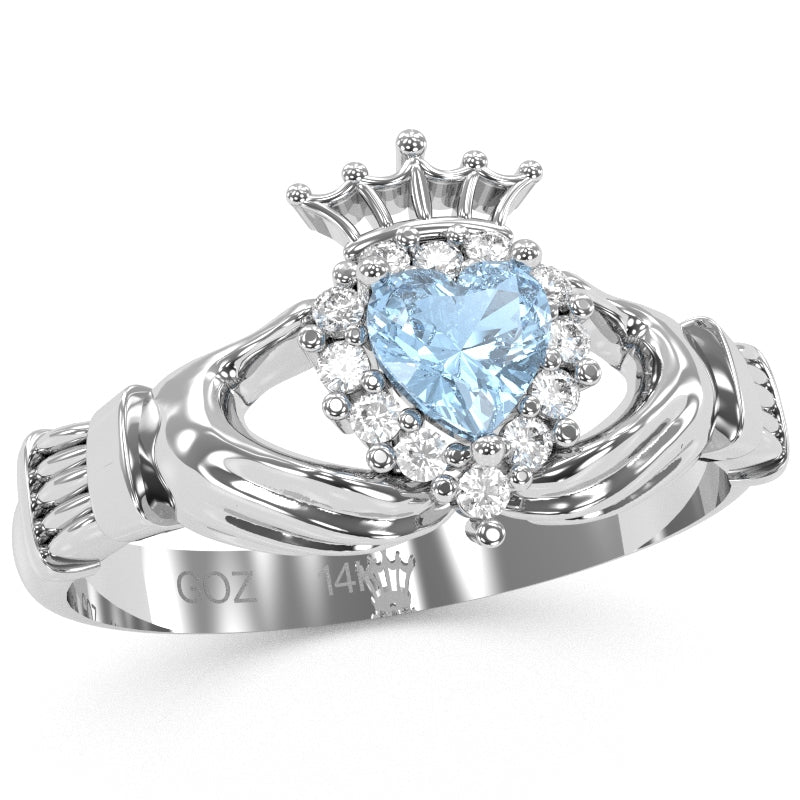 Claddagh Aquamarine Diamond Ring In Solid 14k White Gold
