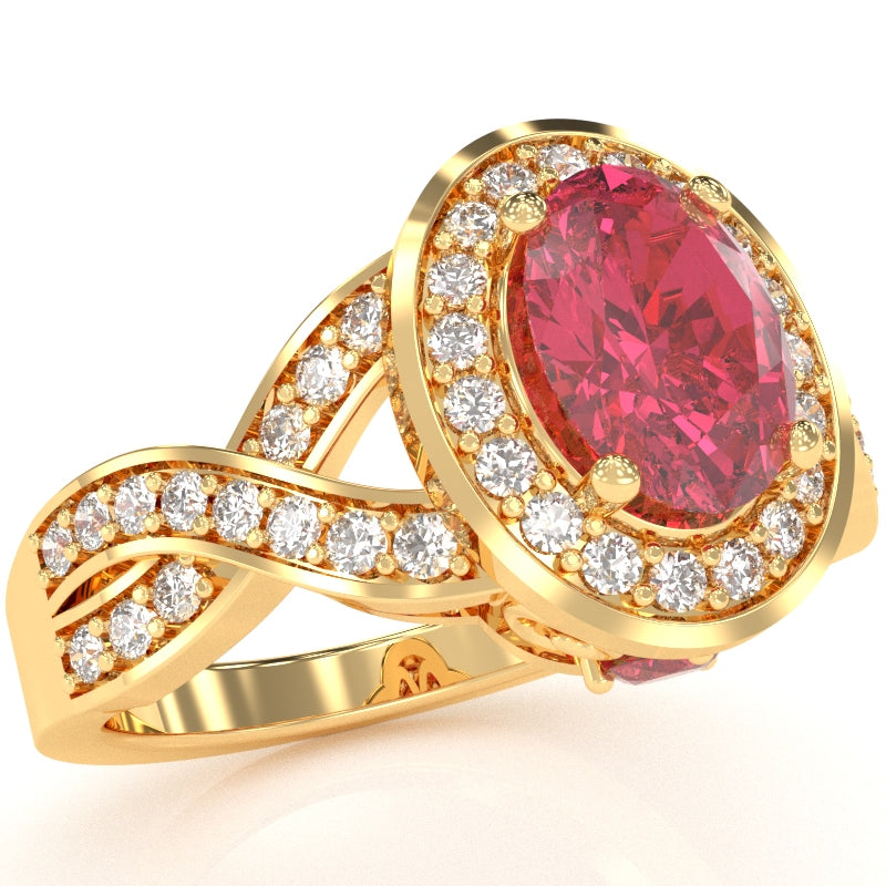 Three Stone Pink Tourmaline Diamond Peekaboo Halo Engagement Ring In 14k Yellow Gold