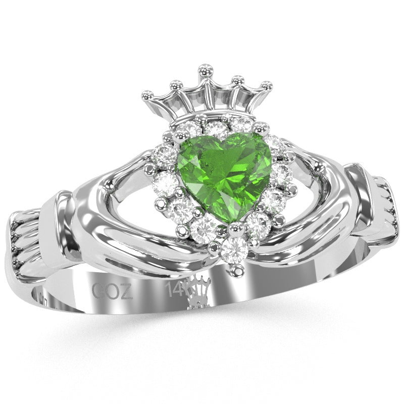 Claddagh Peridot Diamond Ring In Solid 14k White Gold