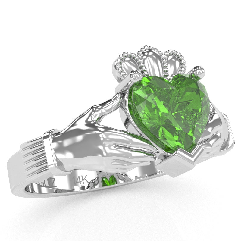Claddagh Peridot Ring In Solid 14k White Gold