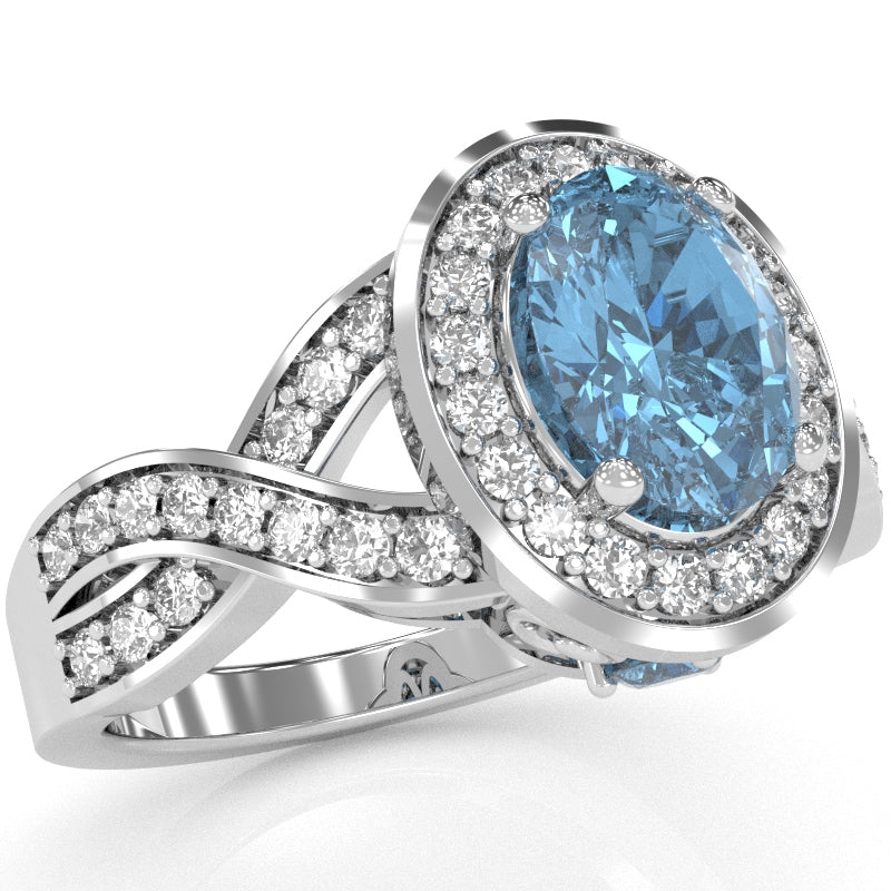 Three Stone Blue Topaz Diamond Peekaboo Halo Engagement Ring In 14k White Gold