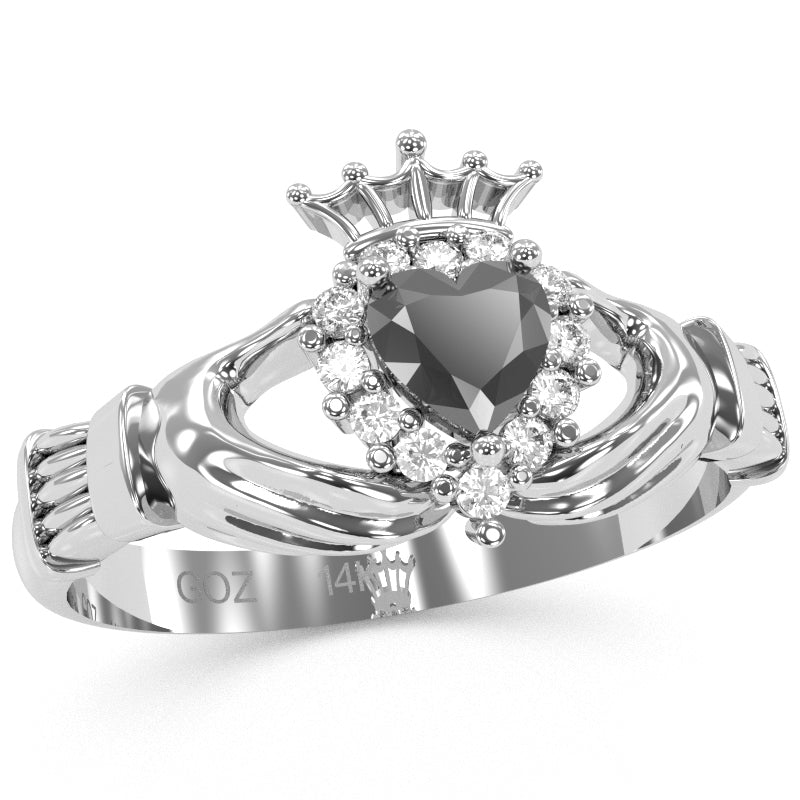 Claddagh Black Onyx Diamond Ring In Solid 14k White Gold