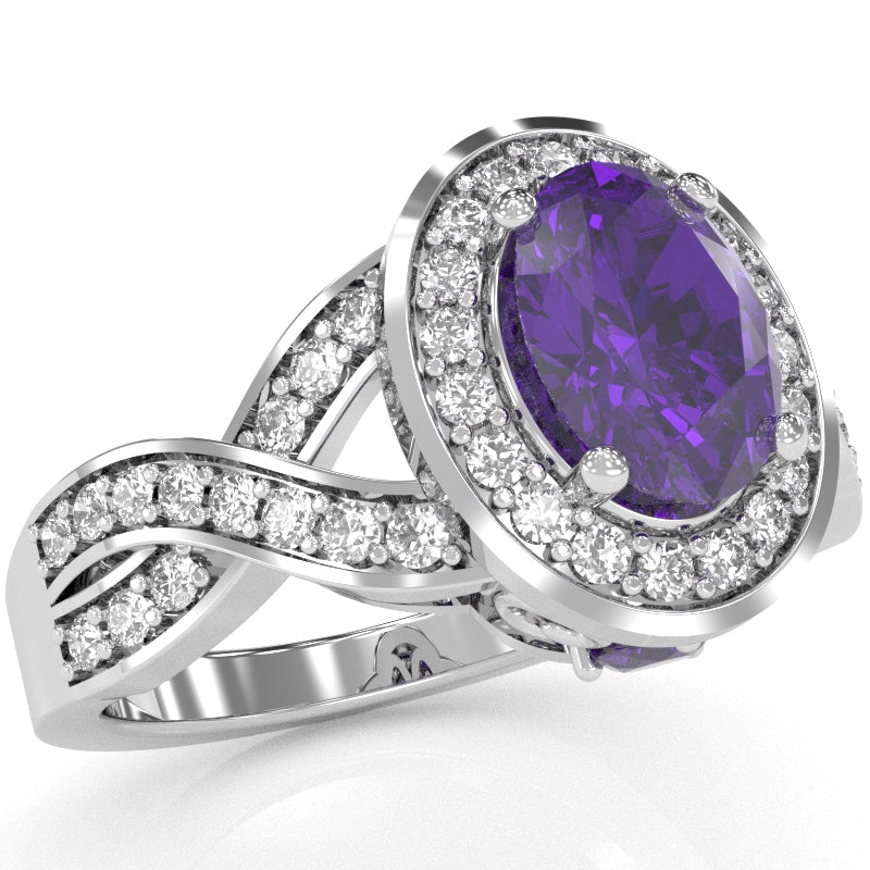 Three Stone Amethyst Diamond Peekaboo Halo Engagement Ring In 14k White Gold