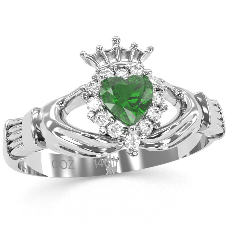 Claddagh Lab-Created Emerald Diamond Ring In Solid 14k White Gold