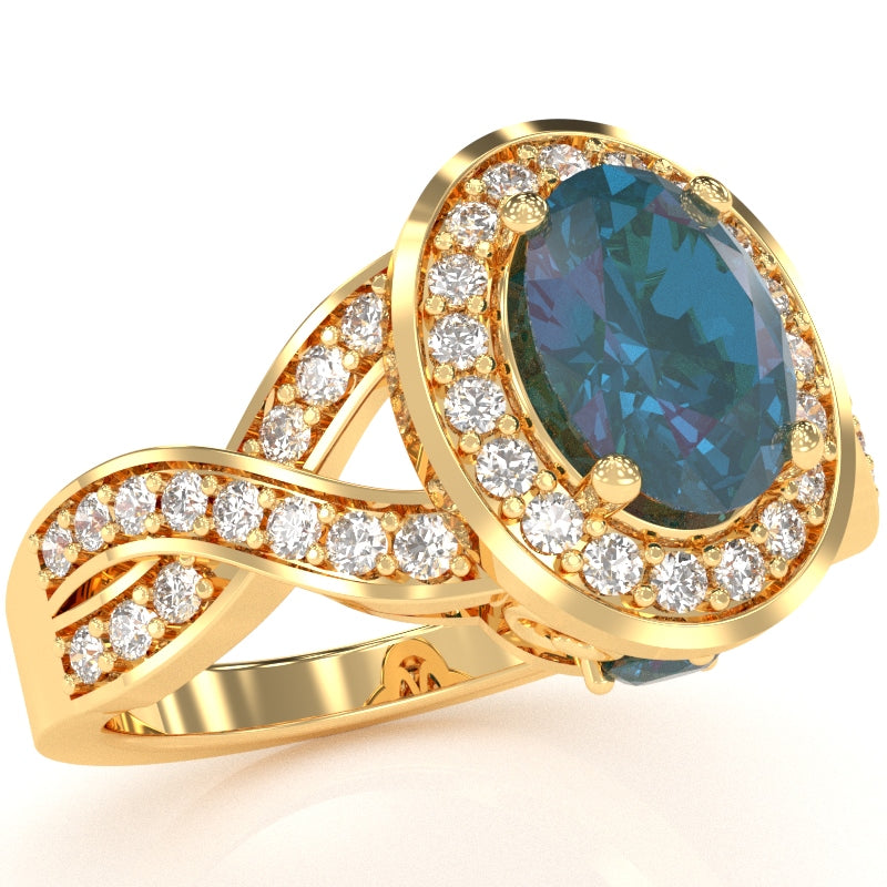 Three Stone Lab-Created Alexandrite Diamond Peekaboo Halo Engagement Ring In 14k Yellow Gold
