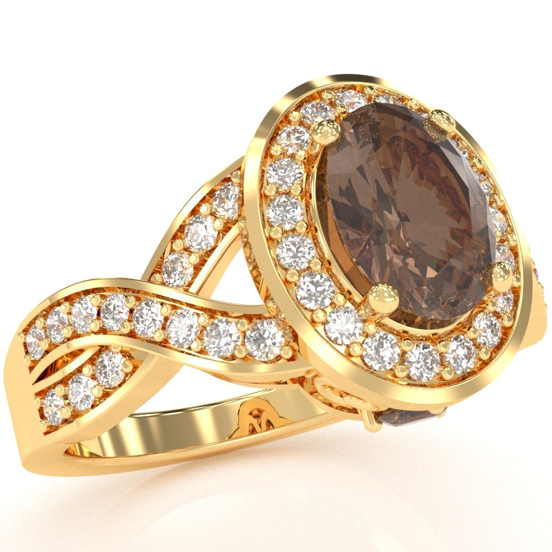 Three Stone Smoky Quartz Diamond Peekaboo Halo Engagement Ring In 14k Yellow Gold