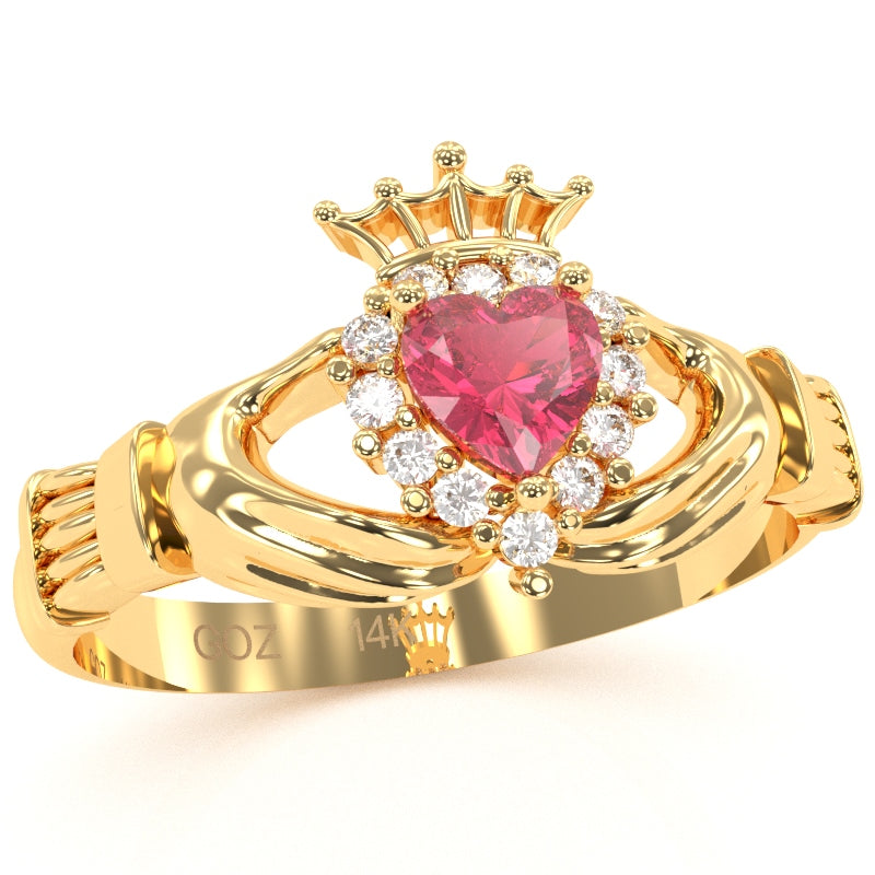 Claddagh Pink Tourmaline Diamond Ring In Solid 14k Yellow Gold