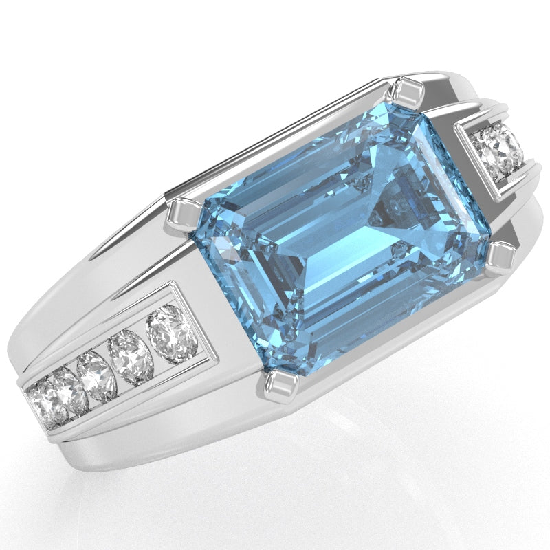 Men's Blue Topaz Diamond Channel Ring In Solid 14k White Gold