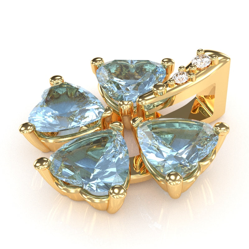 4 Leaf Clover Shamrock Aquamarine Diamond Pendant In 14k Yellow Gold