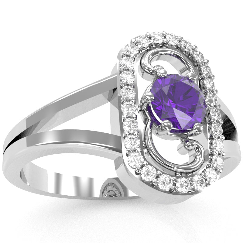 Split Band Amethyst Diamond Cocktail Ring In 14k White Gold