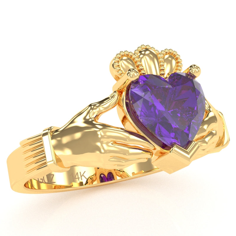Claddagh Amethyst Ring In Solid 14k Yellow Gold