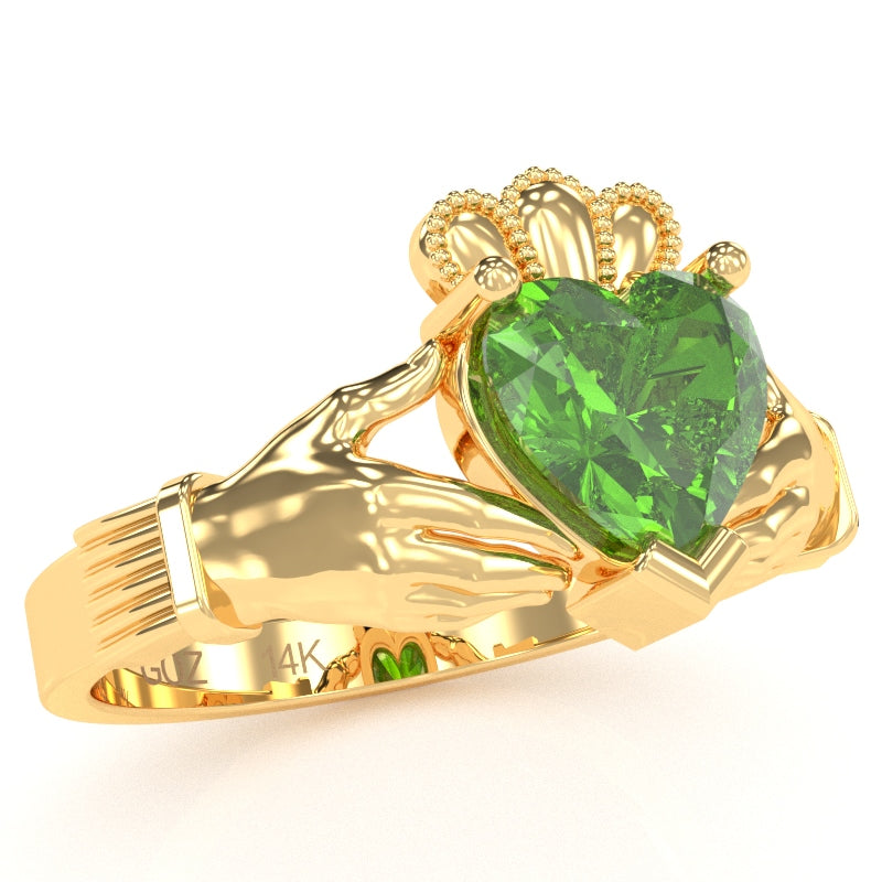 Claddagh Peridot Ring In Solid 14k Yellow Gold