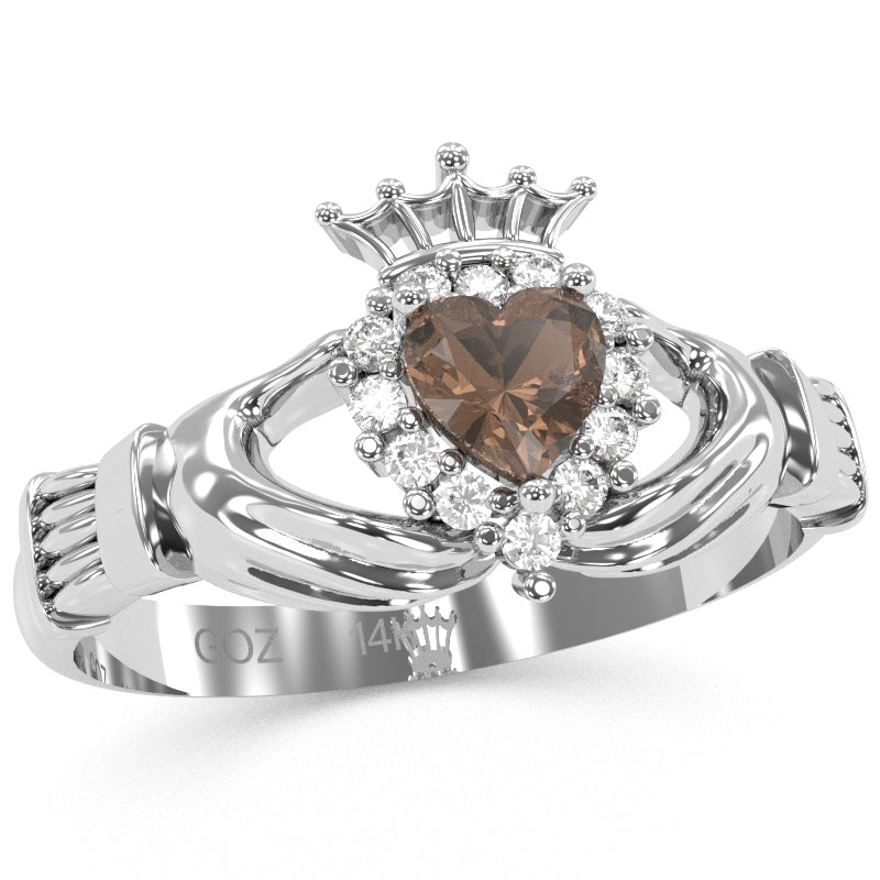 Claddagh Smoky Quartz Diamond Ring In Solid 14k White Gold