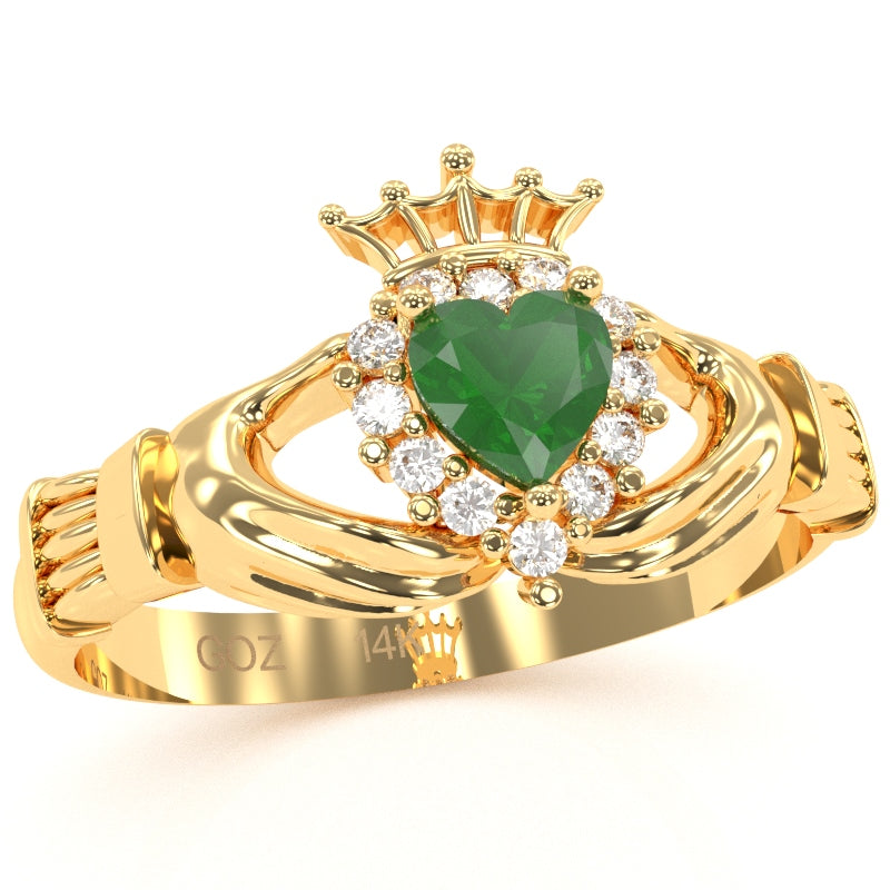 Claddagh Emerald Diamond Ring In Solid 14k Yellow Gold
