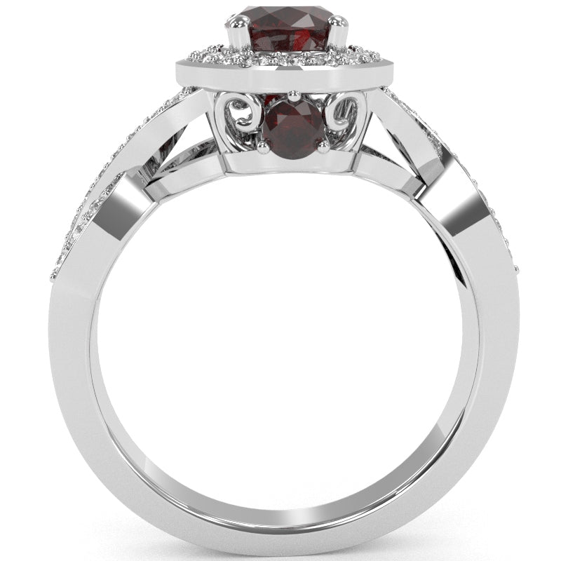 Three Stone Garnet Diamond Peekaboo Halo Engagement Ring In 14k White Gold