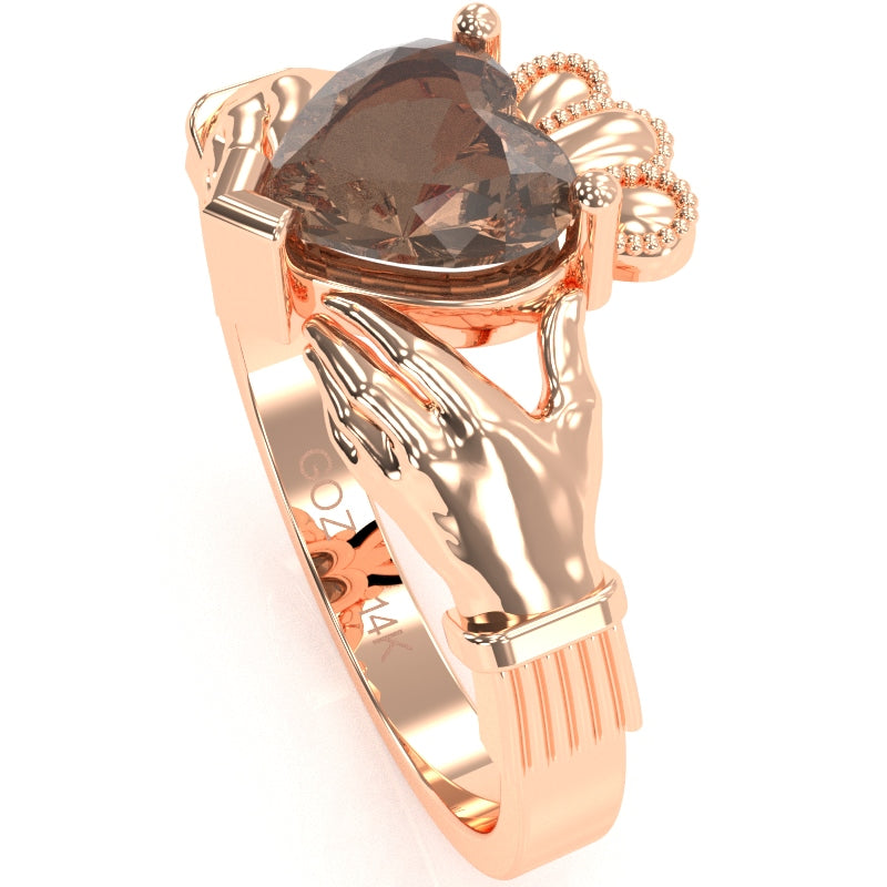 Claddagh Smoky Quartz Ring In Solid 14k Rose Gold
