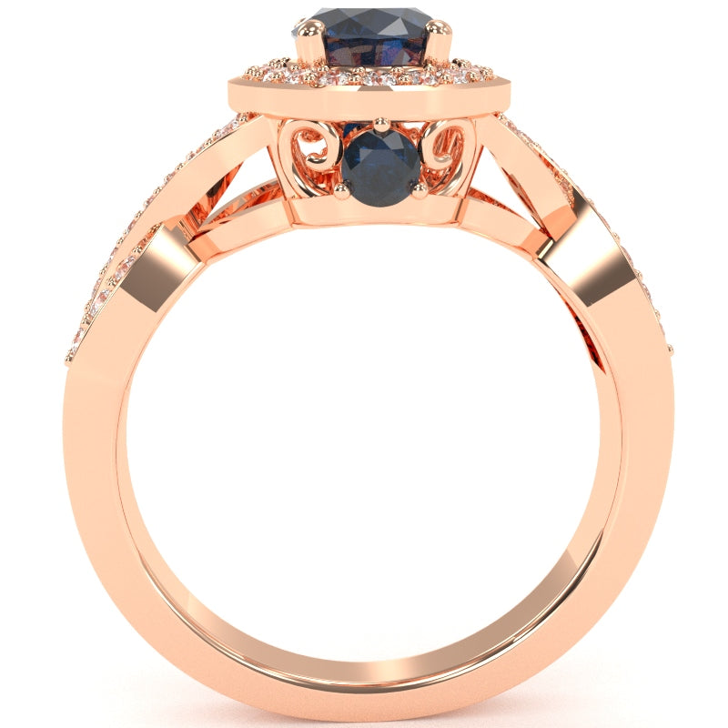 Three Stone Lab-Created Sapphire Diamond Peekaboo Halo Engagement Ring In 14k Rose Gold