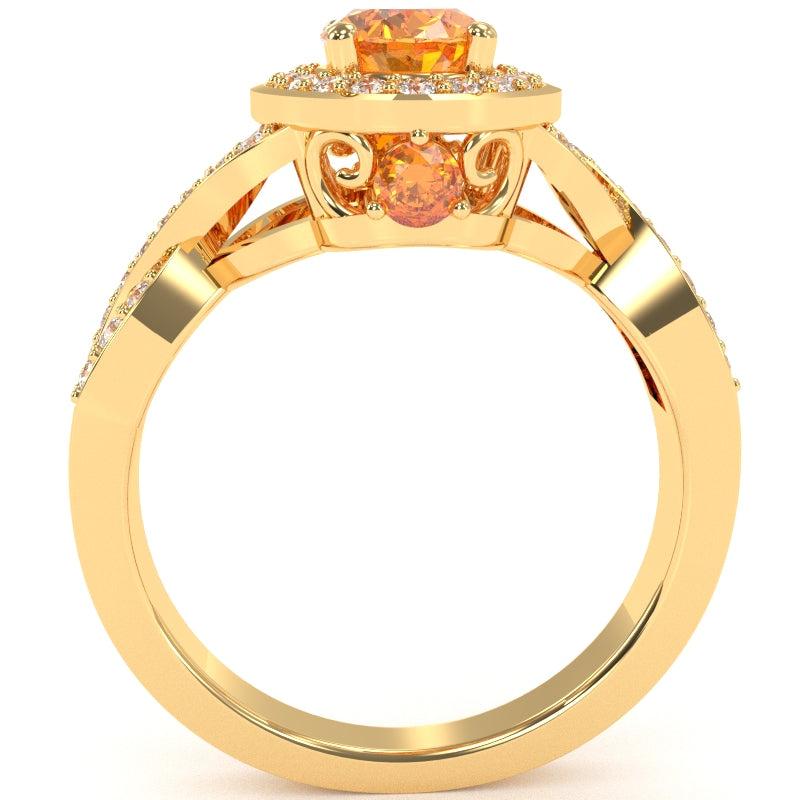 Three Stone Citrine Diamond Peekaboo Halo Engagement Ring In 14k Yellow Gold