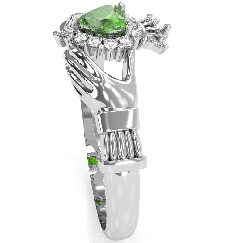 Claddagh Peridot Diamond Ring In Solid 14k White Gold