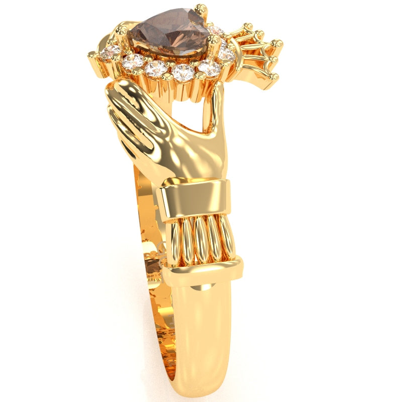 Claddagh Smoky Quartz Diamond Ring In Solid 14k Yellow Gold