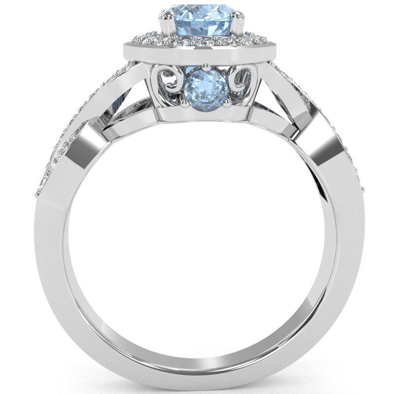 Three Stone Aquamarine Diamond Peekaboo Halo Engagement Ring In 14k White Gold