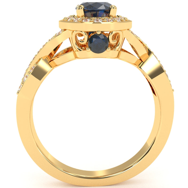 Three Stone Lab-Created Sapphire Diamond Peekaboo Halo Engagement Ring In 14k Yellow Gold