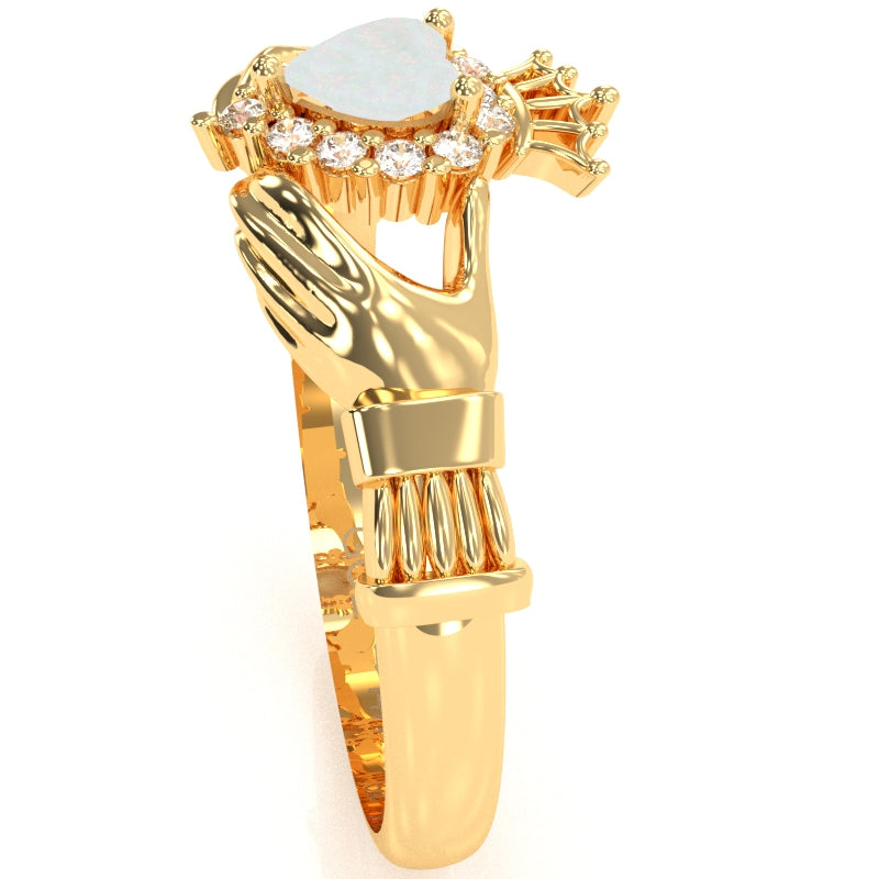 Claddagh Opal Diamond Ring In Solid 14k Yellow Gold
