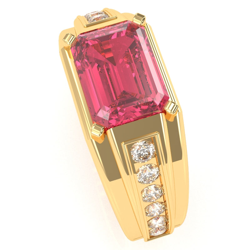 Men's Pink Tourmaline Diamond Channel Ring In Solid 14k Yellow Gold