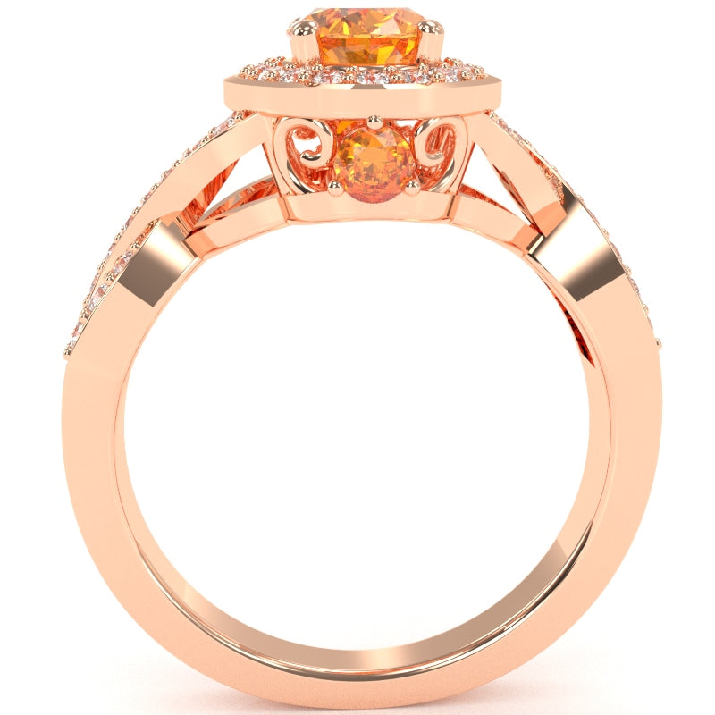 Three Stone Citrine Diamond Peekaboo Halo Engagement Ring In 14k Rose Gold