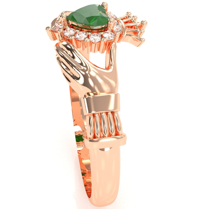 Claddagh Emerald Diamond Ring In Solid 14k Rose Gold