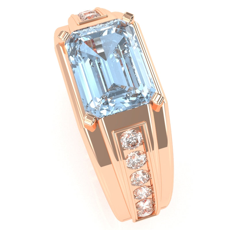 Men's Aquamarine Diamond Channel Ring In Solid 14k Rose Gold