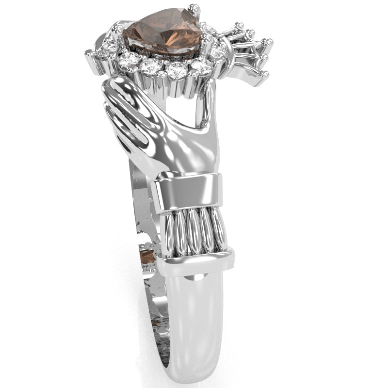 Claddagh Smoky Quartz Diamond Ring In Solid 14k White Gold