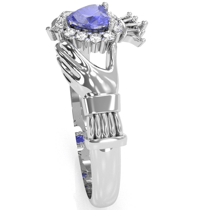 Claddagh Tanzanite Diamond Ring In Solid 14k White Gold