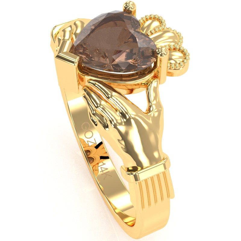 Claddagh Smoky Quartz Ring In Solid 14k Yellow Gold