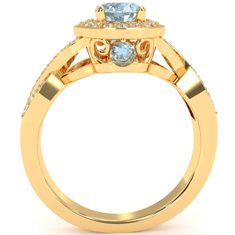 Three Stone Aquamarine Diamond Peekaboo Halo Engagement Ring In 14k Yellow Gold