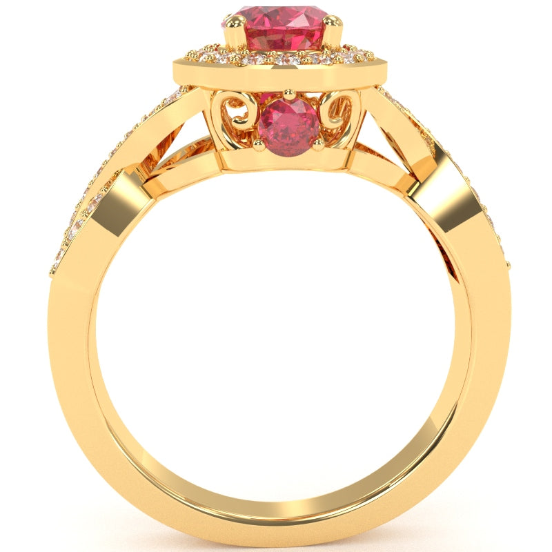 Three Stone Pink Tourmaline Diamond Peekaboo Halo Engagement Ring In 14k Yellow Gold