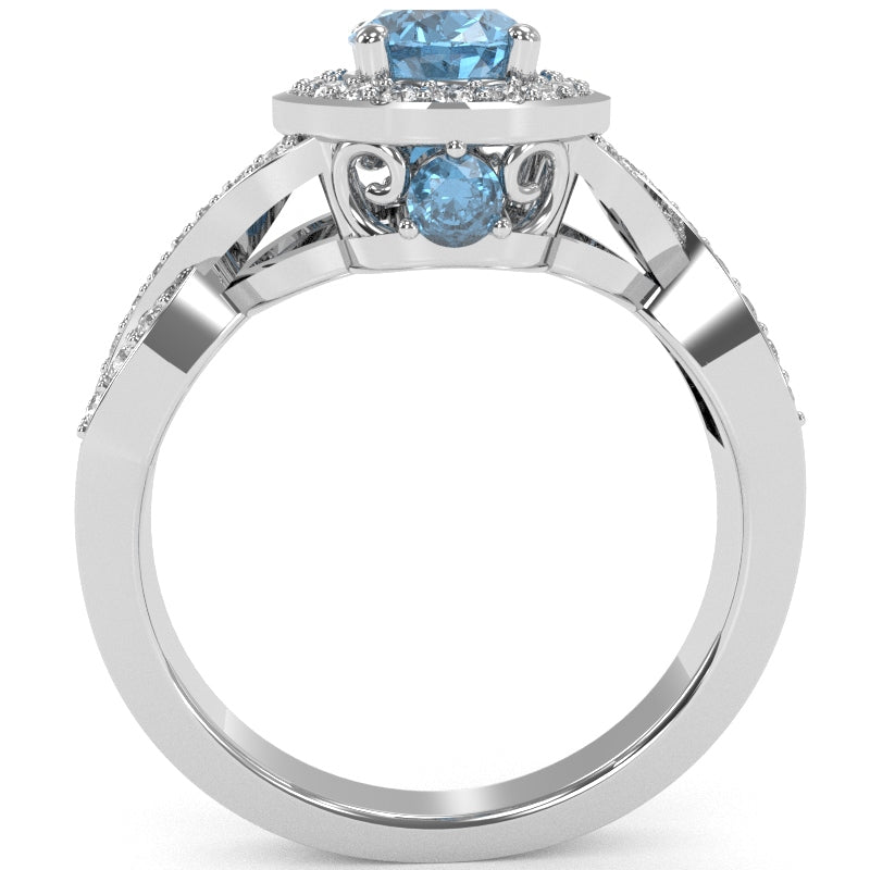 Three Stone Blue Topaz Diamond Peekaboo Halo Engagement Ring In 14k White Gold