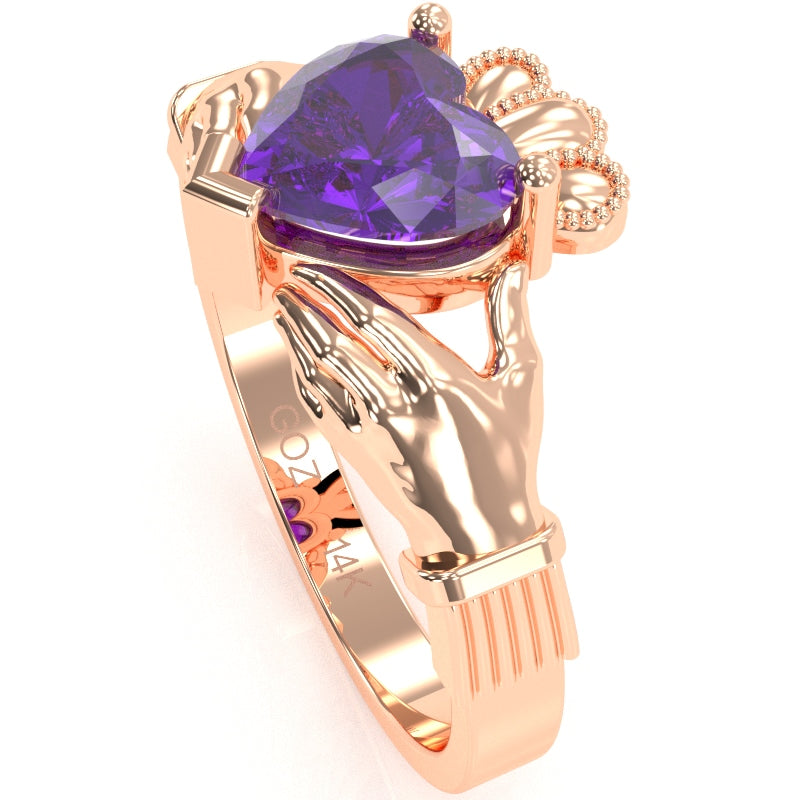 Claddagh Amethyst Ring In Solid 14k Rose Gold