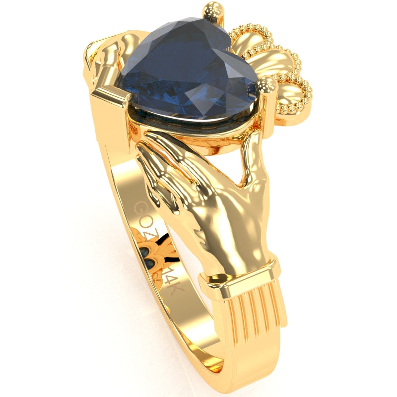 Claddagh Lab-Created Sapphire Ring In Solid 14k Yellow Gold