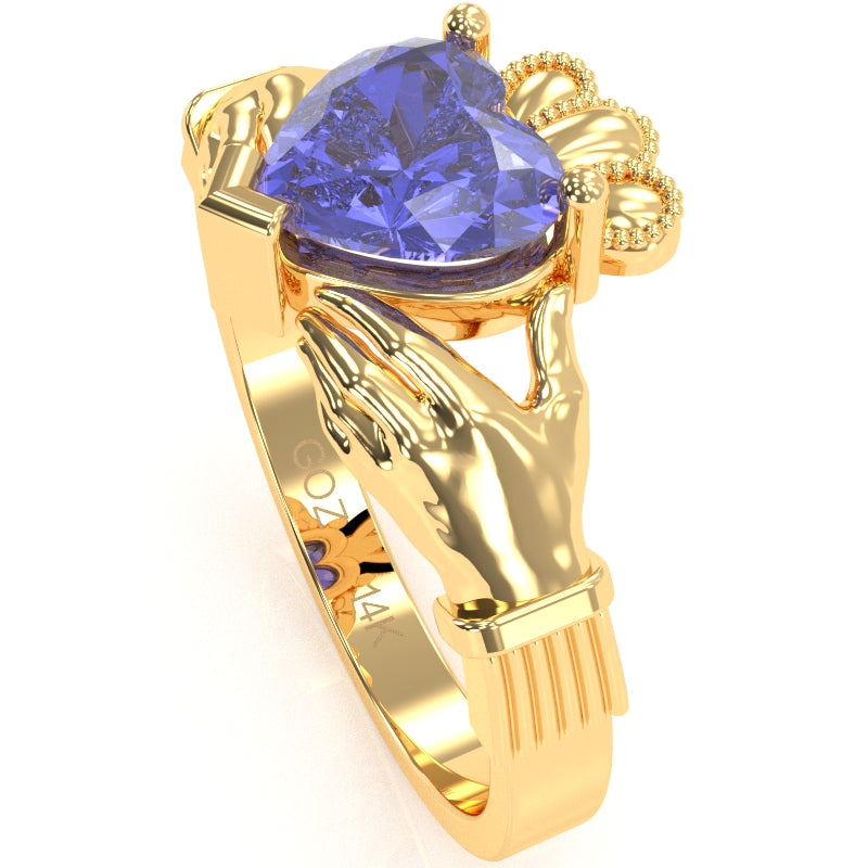 Claddagh Tanzanite Ring In Solid 14k Yellow Gold
