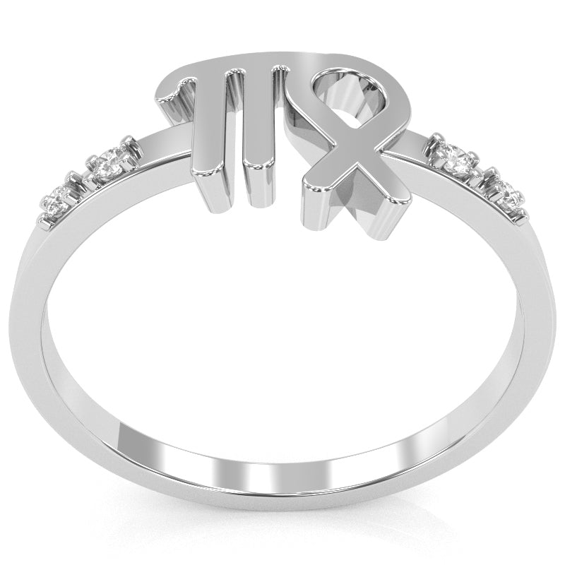 Virgo Zodiac Sign Diamond Ring In Solid 14k White Gold