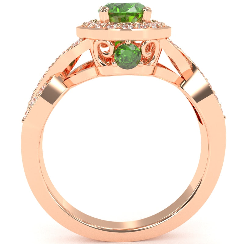 Three Stone Peridot Diamond Peekaboo Halo Engagement Ring In 14k Rose Gold