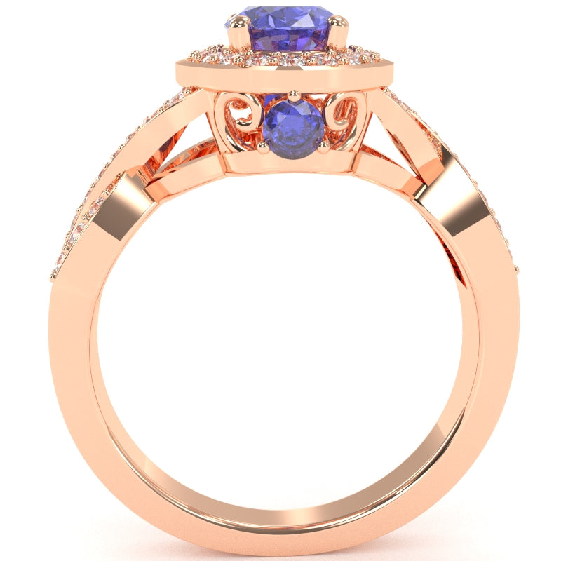Three Stone Tanzanite Diamond Peekaboo Halo Engagement Ring In 14k Rose Gold