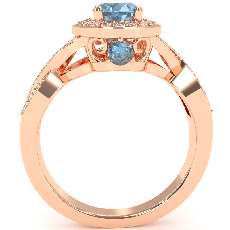 Three Stone Blue Topaz Diamond Peekaboo Halo Engagement Ring In 14k Rose Gold
