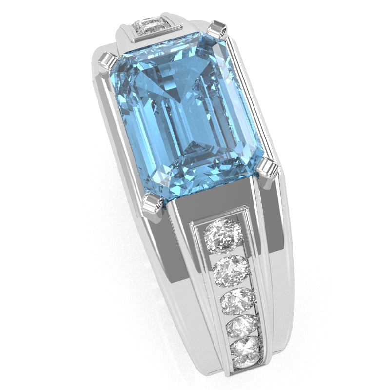 Men's Blue Topaz Diamond Channel Ring In Solid 14k White Gold