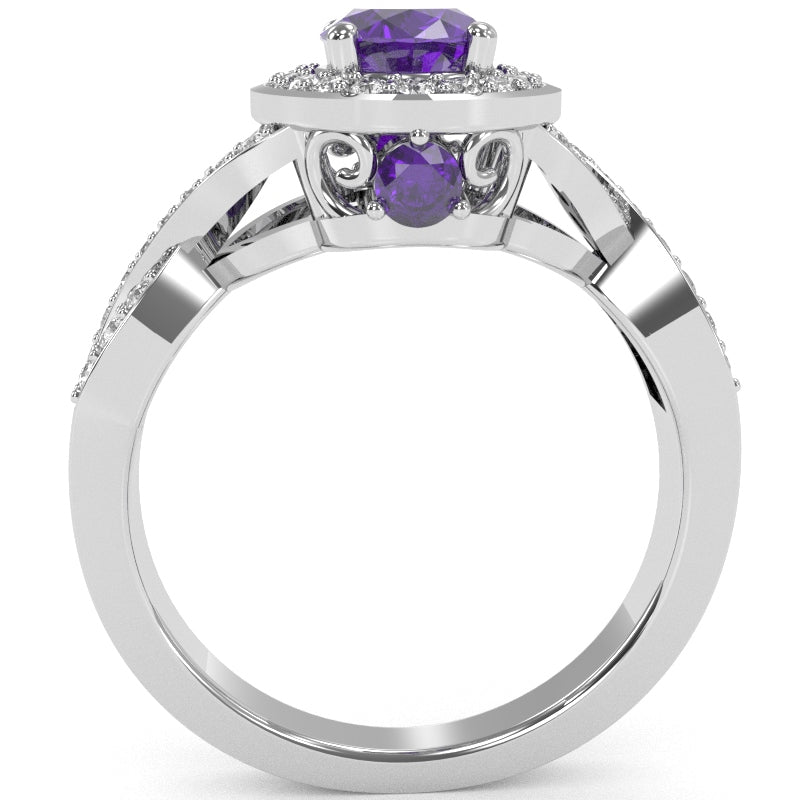 Three Stone Amethyst Diamond Peekaboo Halo Engagement Ring In 14k White Gold
