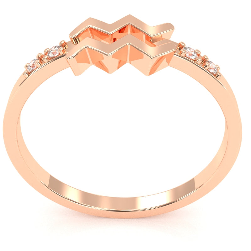 Aquarius Zodiac Sign Diamond Ring In Solid 14k Rose Gold