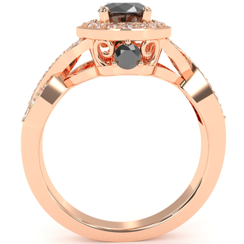 Three Stone Black Onyx Diamond Peekaboo Halo Engagement Ring In 14k Rose Gold