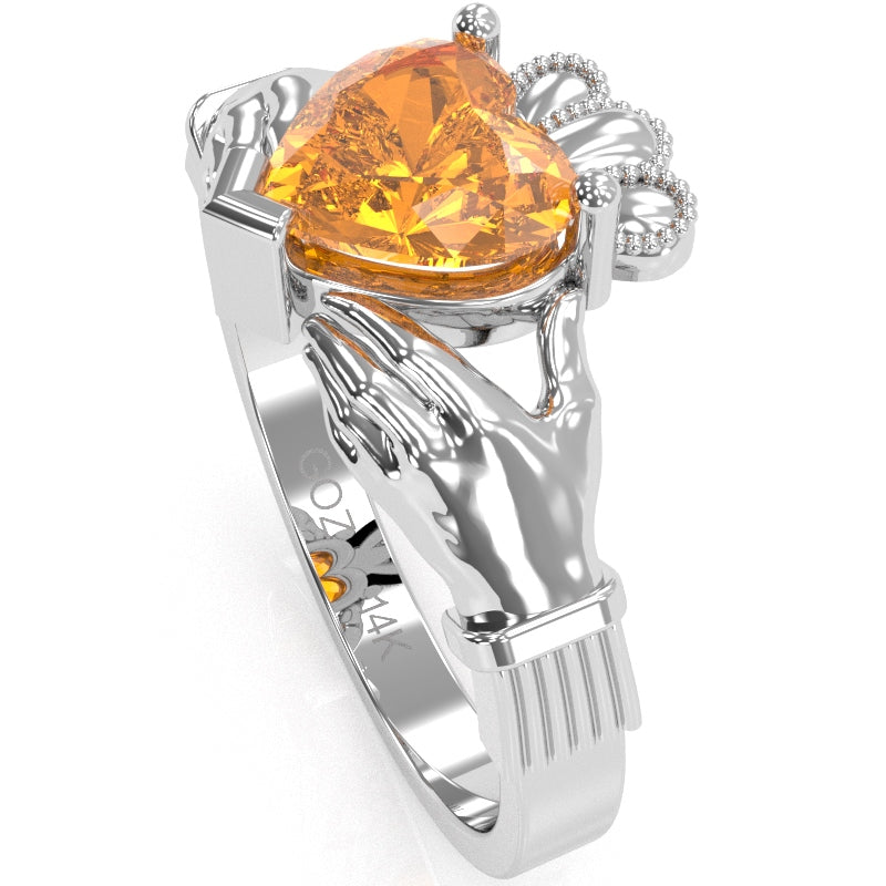 Claddagh Citrine Ring In Solid 14k White Gold