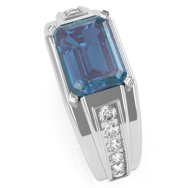 Men's Lab-Created Alexandrite Diamond Channel Ring In Solid 14k White Gold